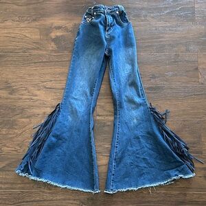 Cowgirl Hardware Blue Flared Fringe Jeans Girls size 8 adjustable waistband.